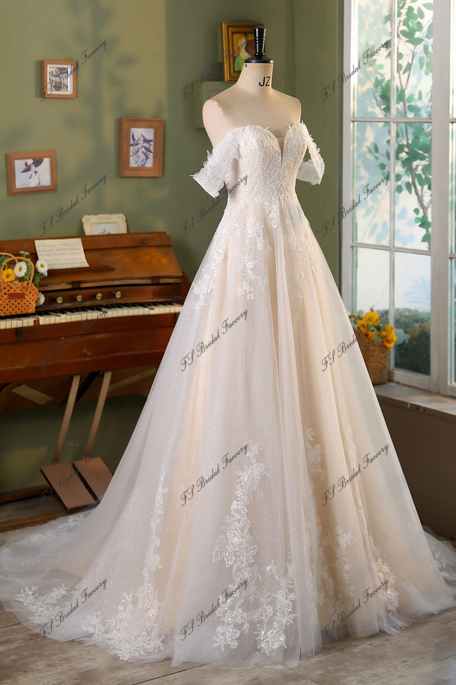 Soft Beading Lace Gliter  A Line Off Shoulder Wedding Gown