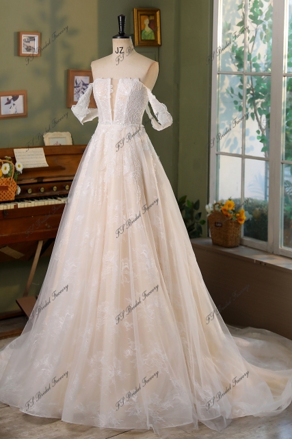 Stunning Lace Corset Bodice Deep V Wedding Gown