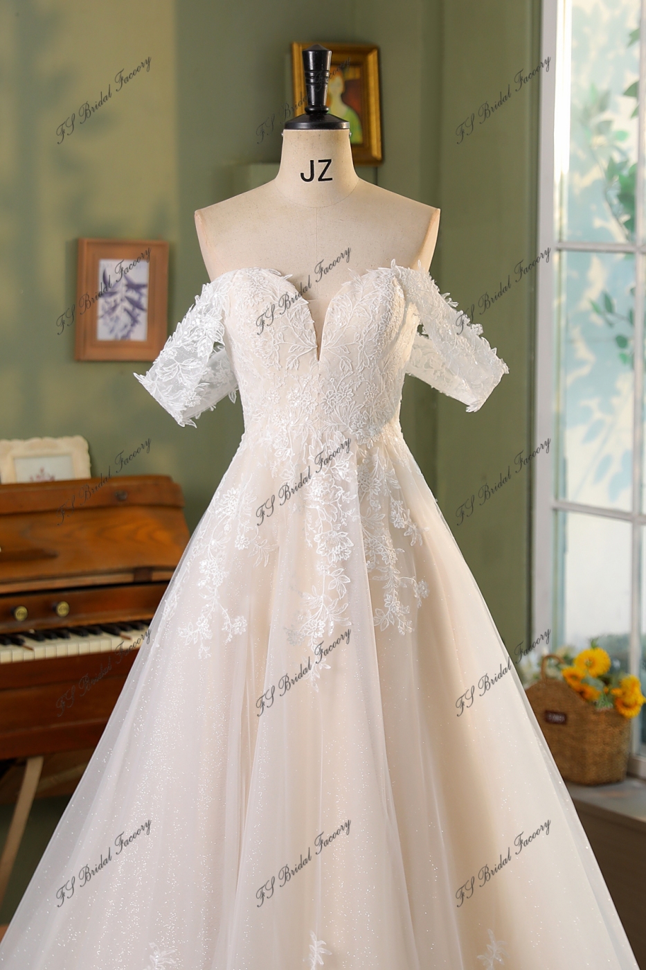 Soft Beading Lace Gliter  A Line Off Shoulder Wedding Gown
