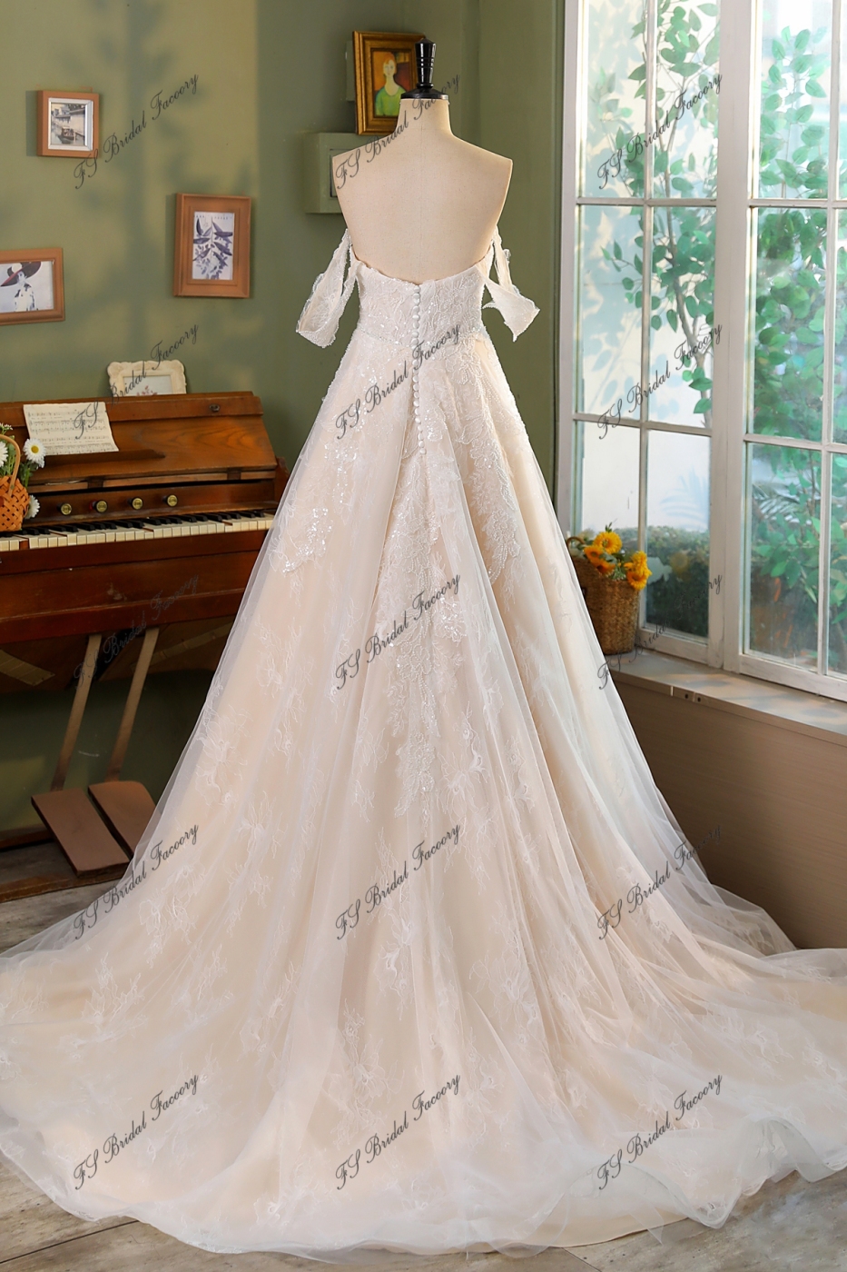 Stunning Lace Corset Bodice Deep V Wedding Gown