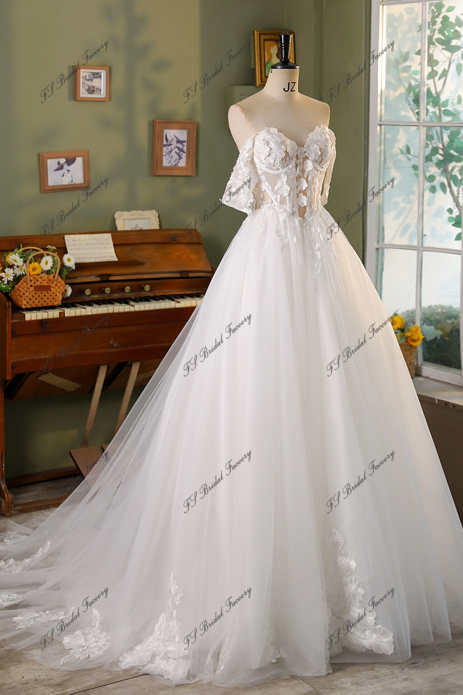 3D Flowy Lace V Basque Waist Princess Wedding Dress