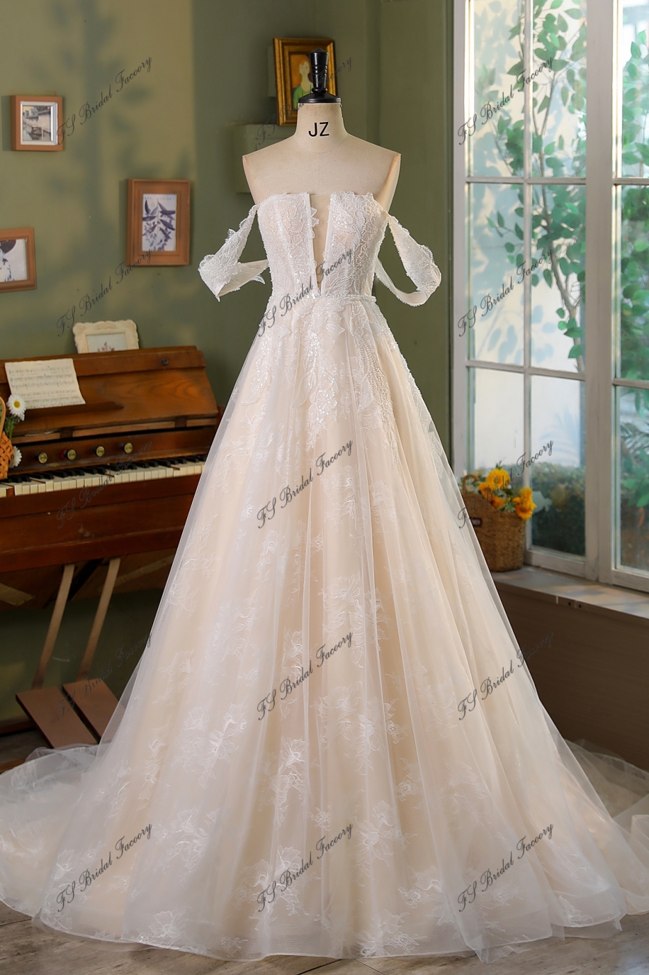 Stunning Lace Corset Bodice Deep V Wedding Gown
