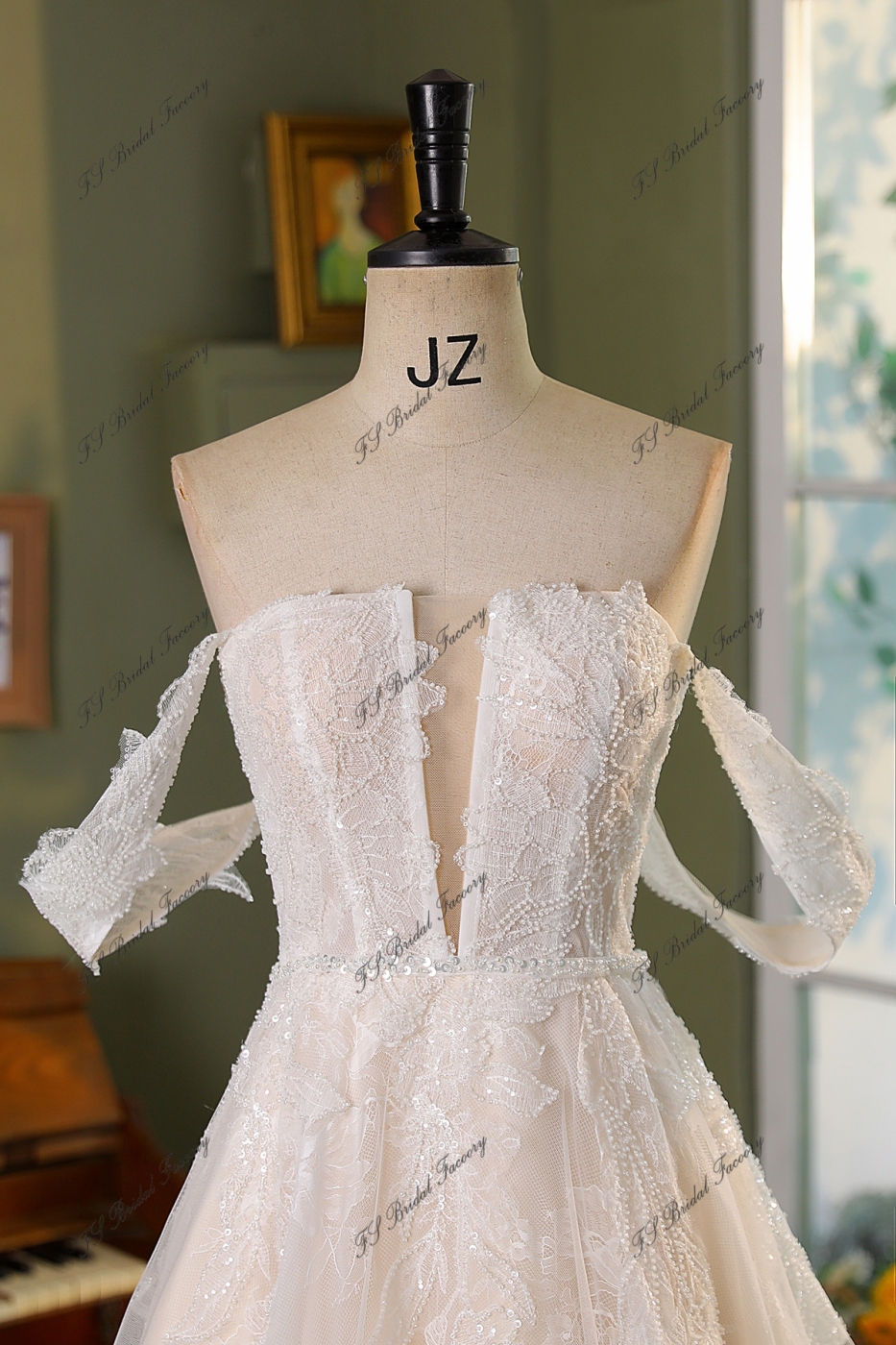 Stunning Lace Corset Bodice Deep V Wedding Gown