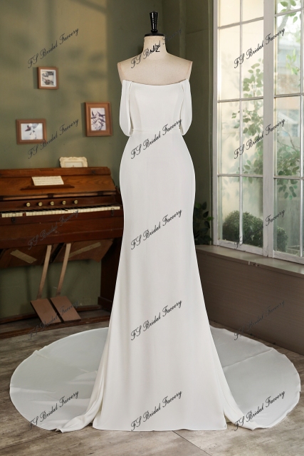 Off Shoulder Chiffon Sleeve Crepe Mermaid Bridal Dress
