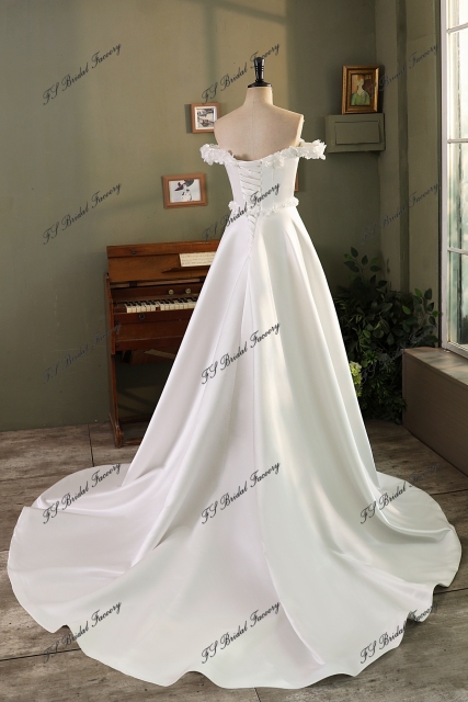 Off Shoulder Soft Satin A Line Wedding Gown With 3D Flowers