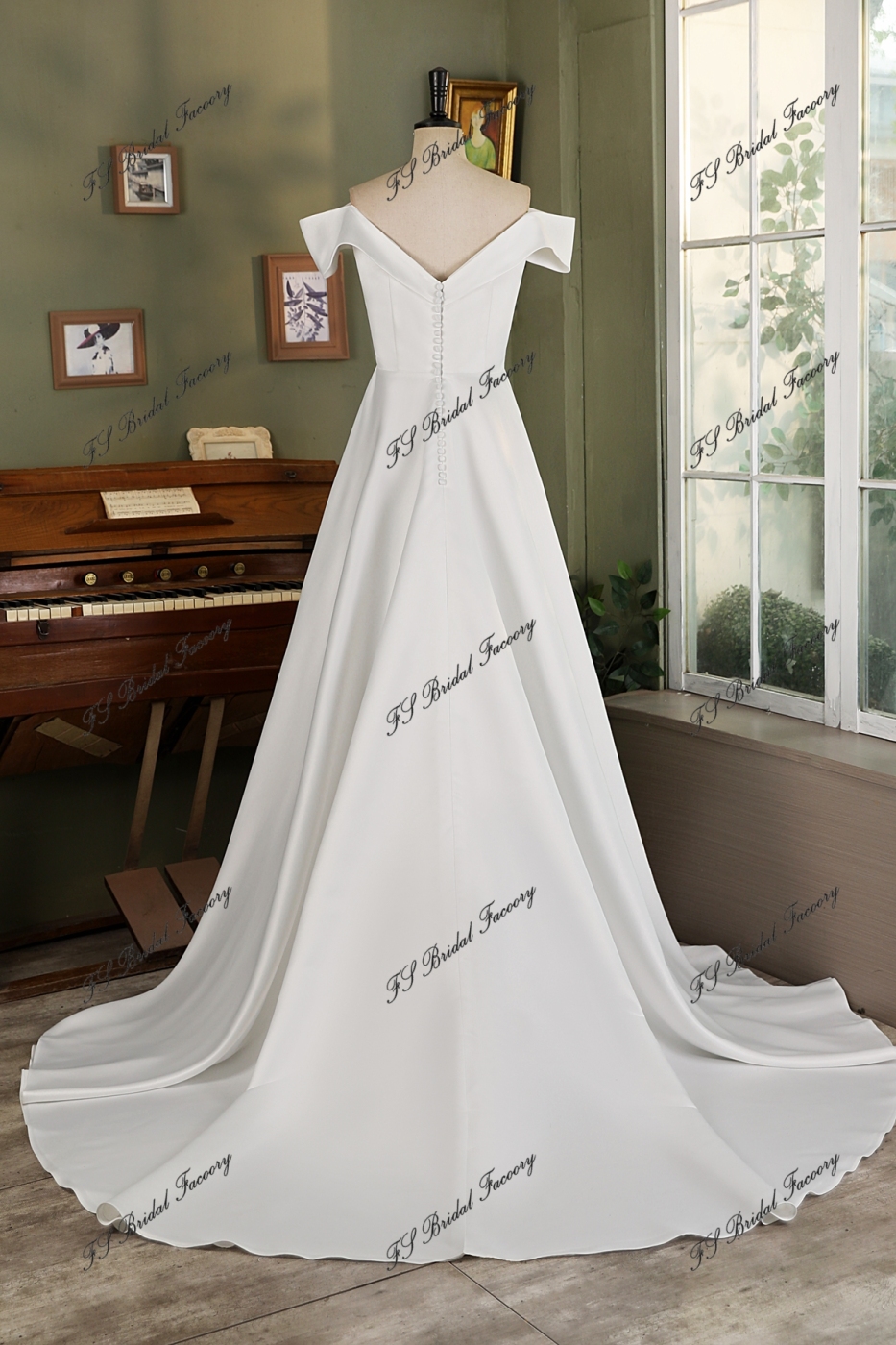 Off Shoulder Soft Satin A Line Wedding Gown