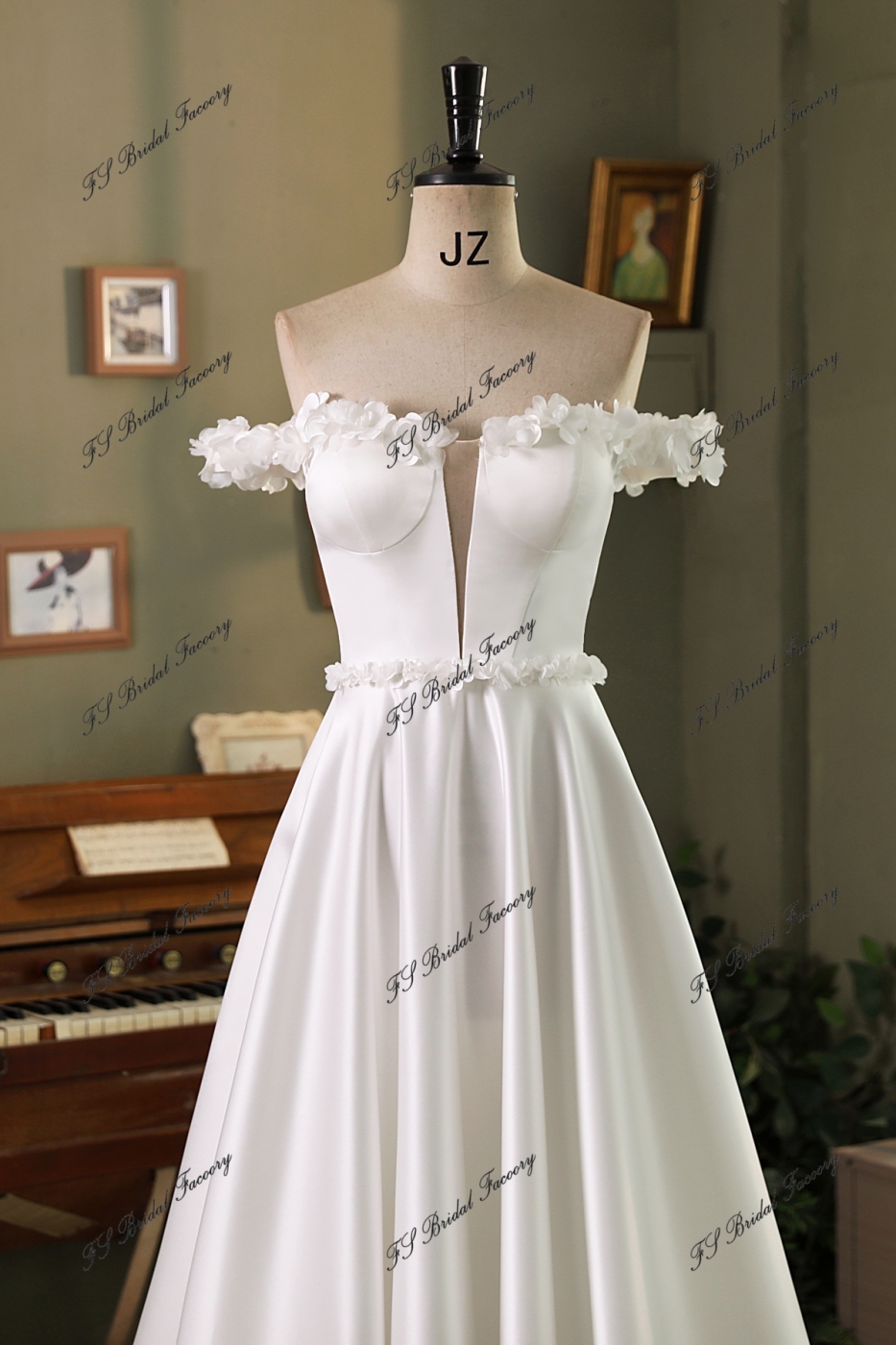 V-Neck Satin Gown with Pleated Off-Shoulder Detail Azalea main image 1