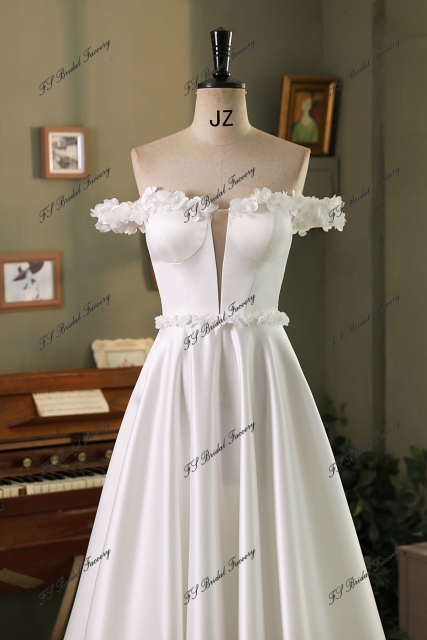 Off Shoulder Soft Satin A Line Wedding Gown With 3D Flowers