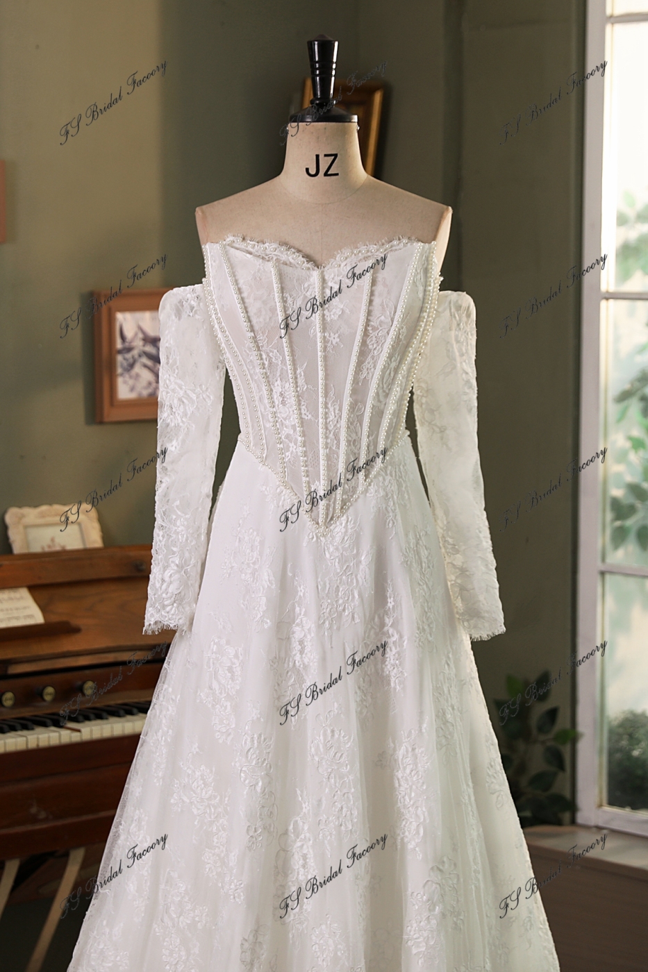 Allover Lace A-Line Gown with Sheer Corset Bodice and V Basque Waist