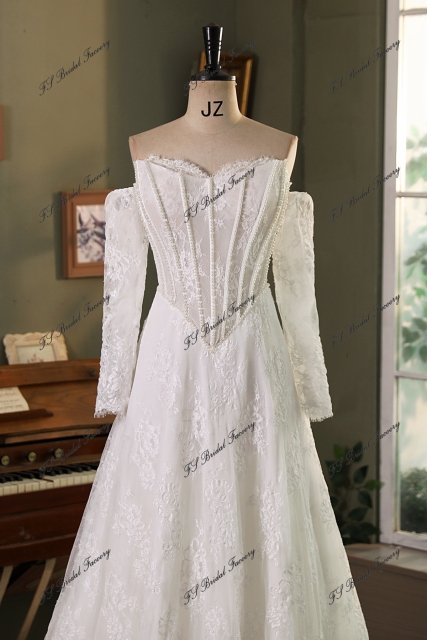 Allover Lace A-Line Gown with Sheer Corset Bodice and V Basque Waist