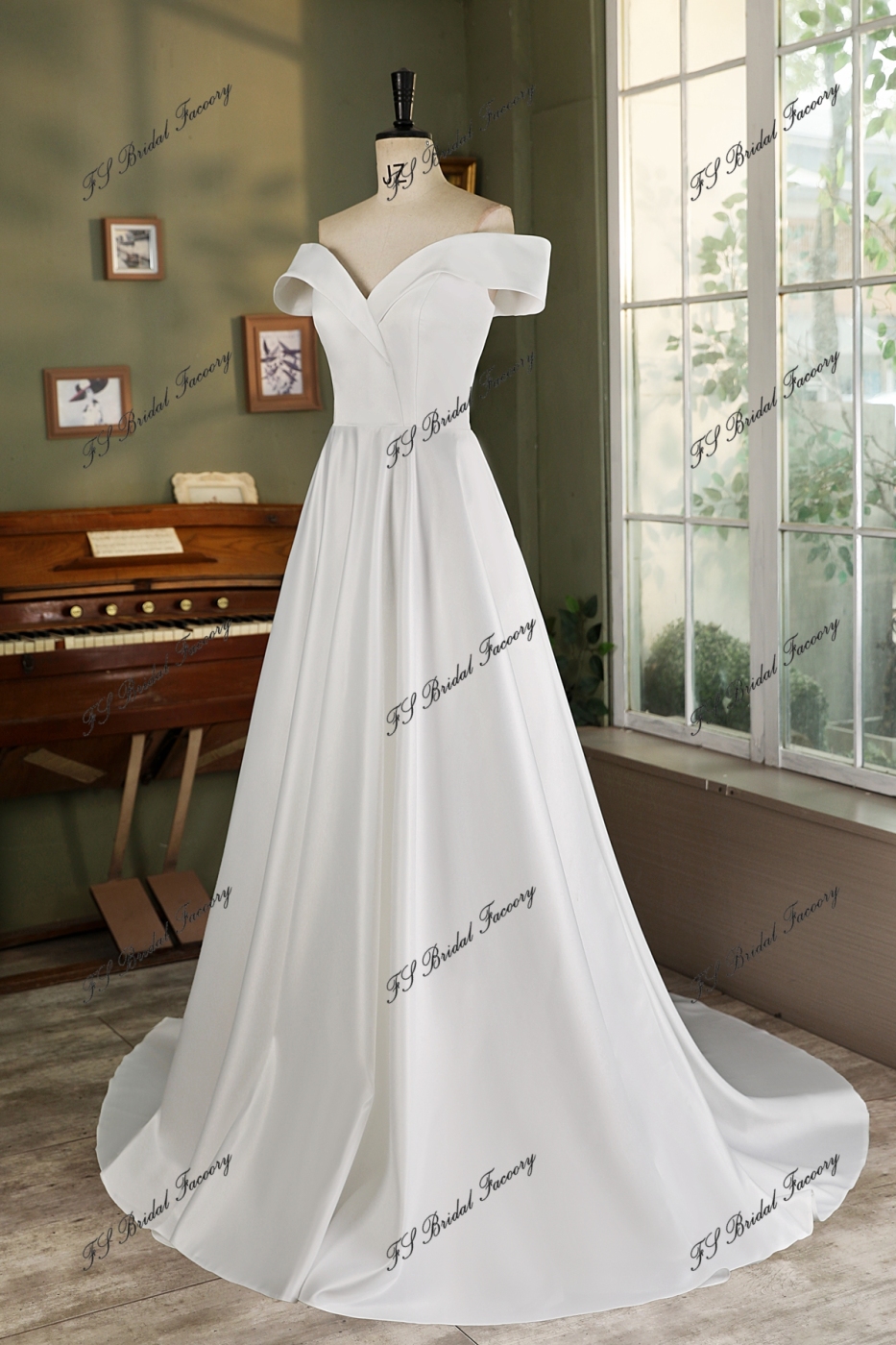 Off Shoulder Soft Satin A Line Wedding Gown