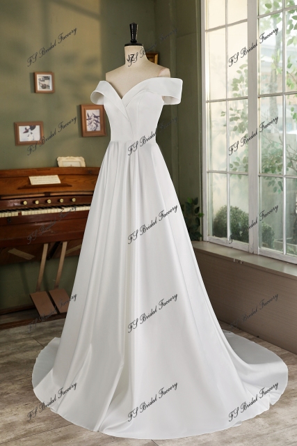 Off Shoulder Soft Satin A Line Wedding Gown