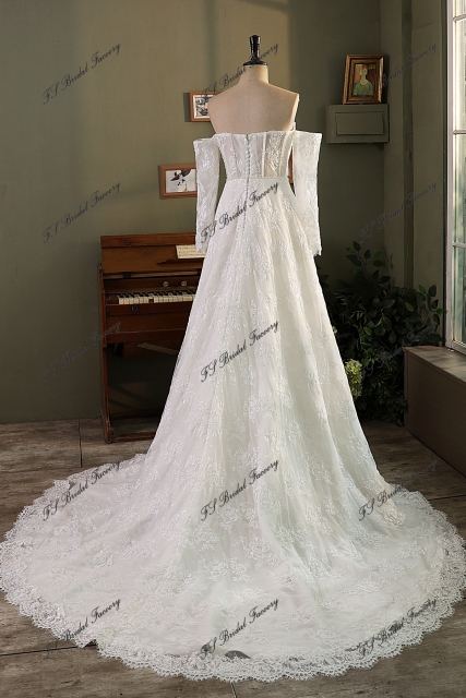Allover Lace A-Line Gown with Sheer Corset Bodice and V Basque Waist