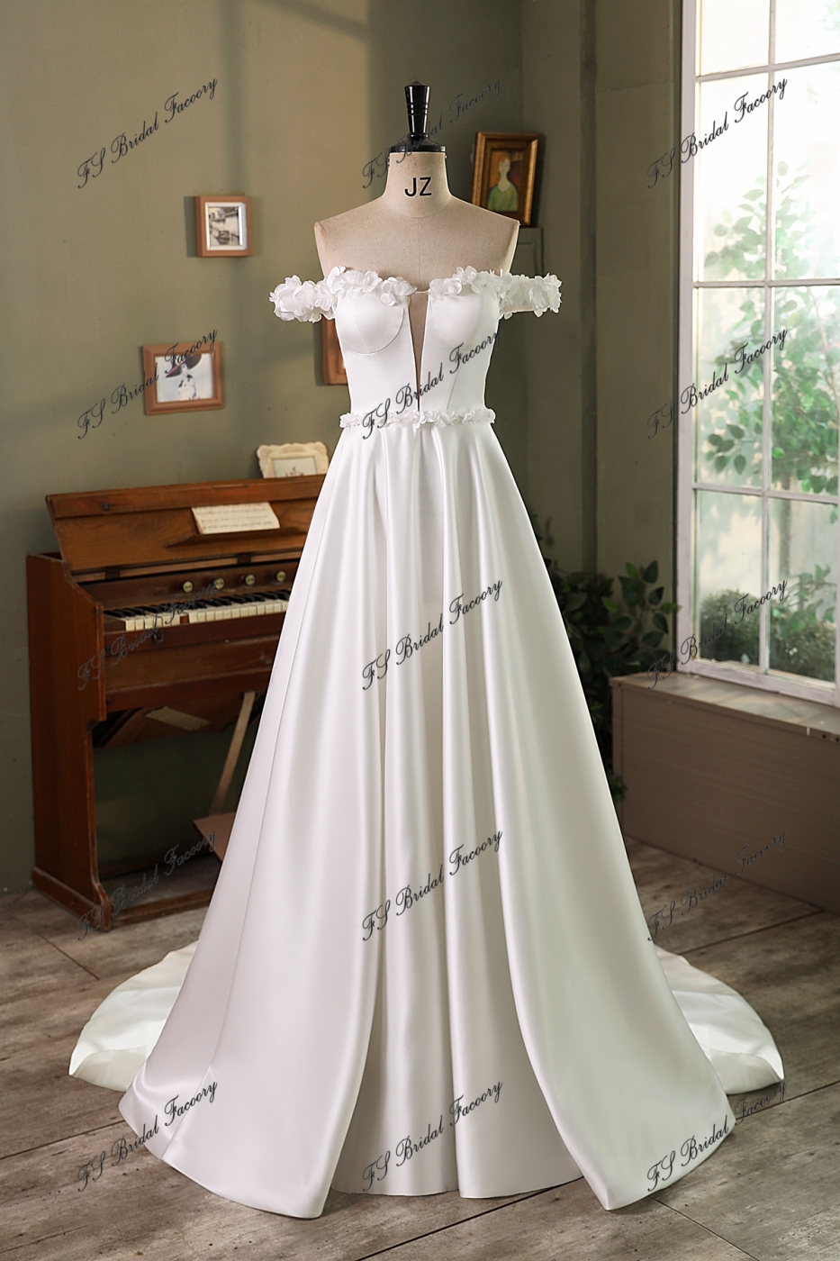 Off Shoulder Soft Satin A Line Wedding Gown With 3D Flowers