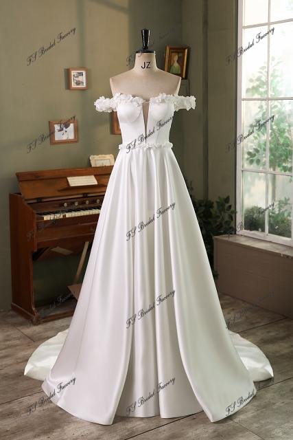 Off Shoulder Soft Satin A Line Wedding Gown With 3D Flowers