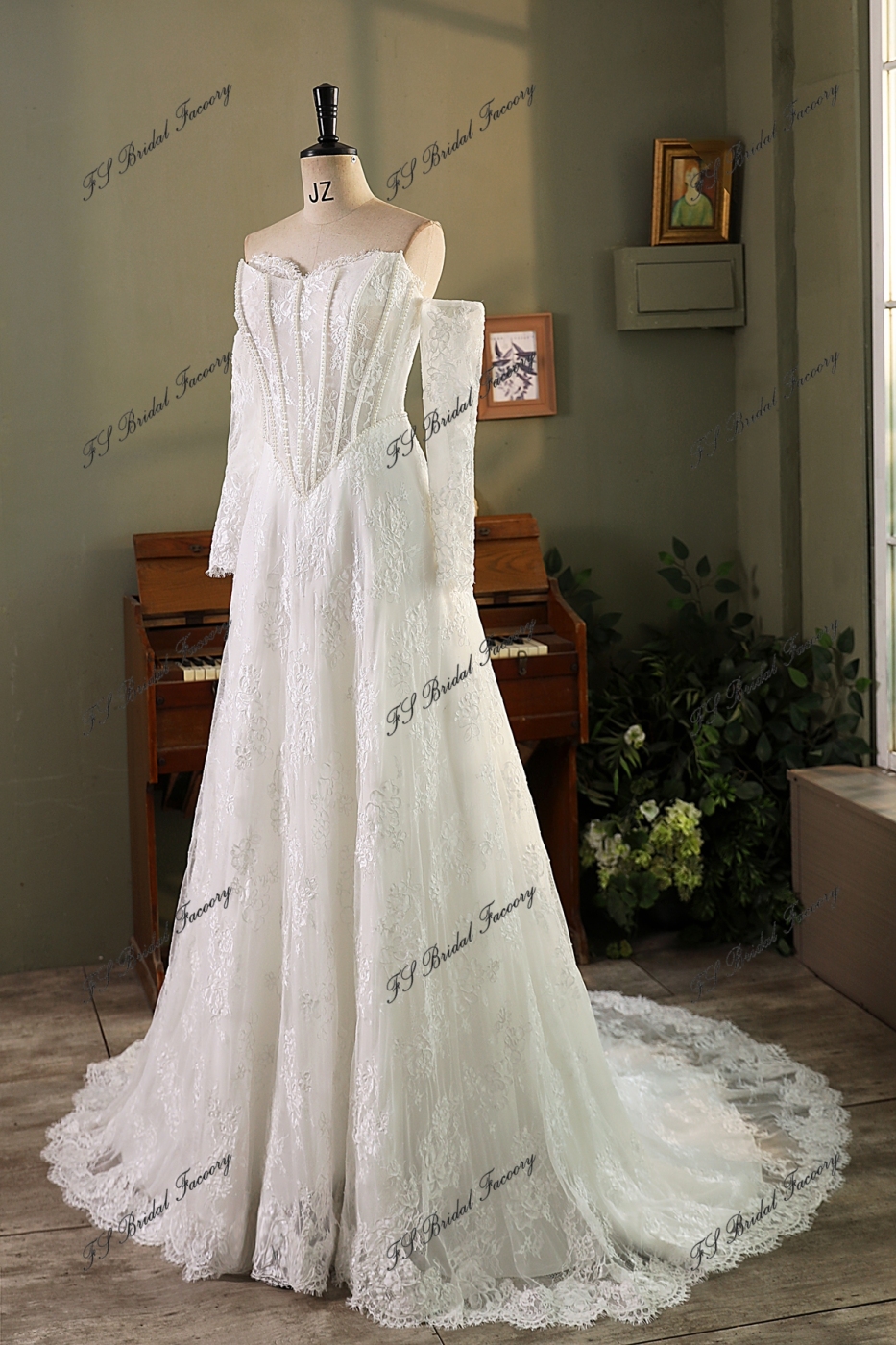Allover Lace A-Line Gown with Sheer Corset Bodice and V Basque Waist