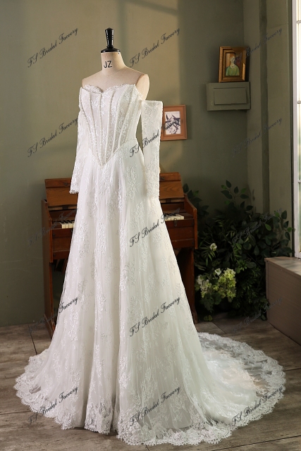 Allover Lace A-Line Gown with Sheer Corset Bodice and V Basque Waist