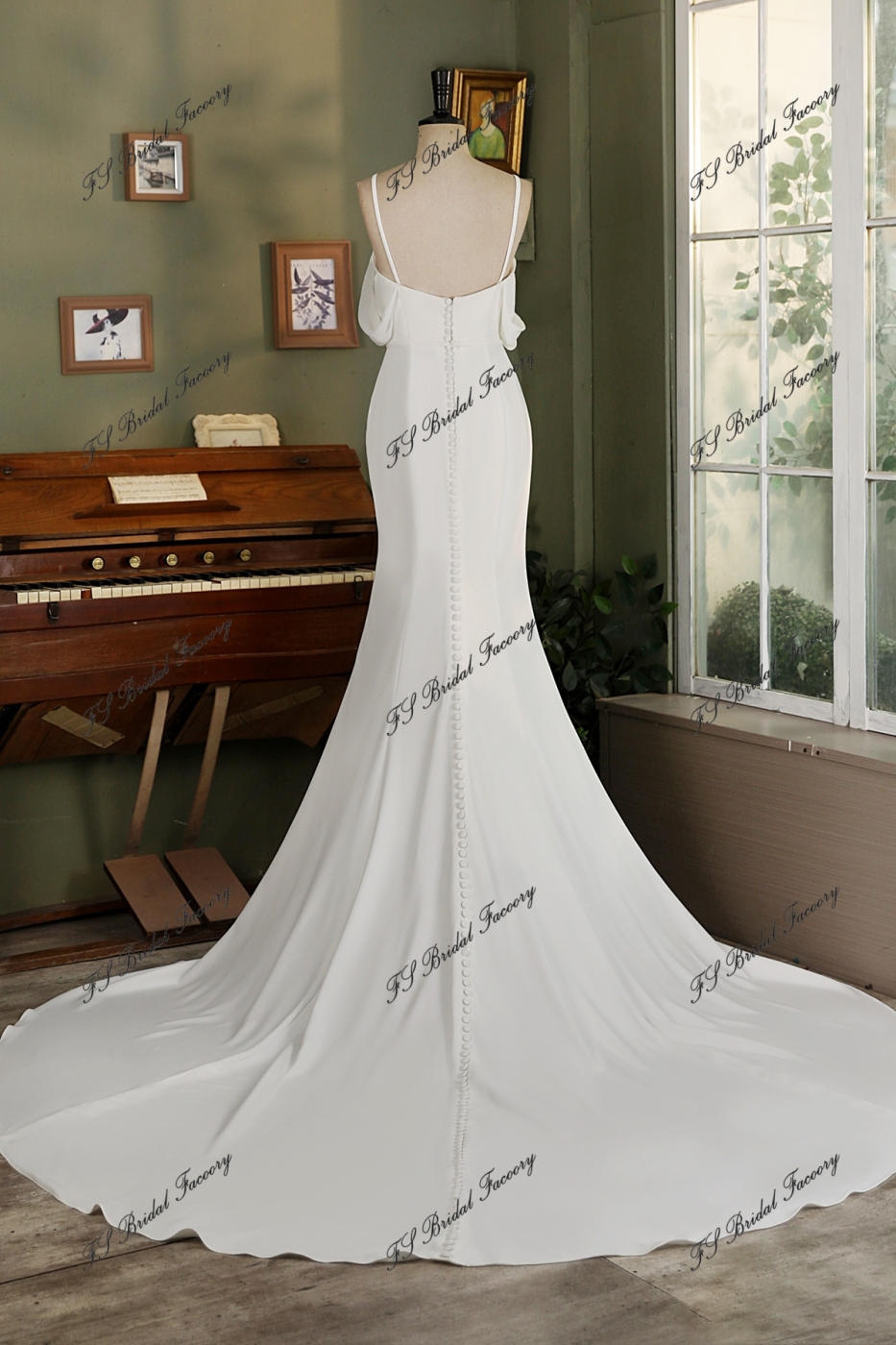 Off Shoulder Chiffon Sleeve Crepe Mermaid Bridal Dress