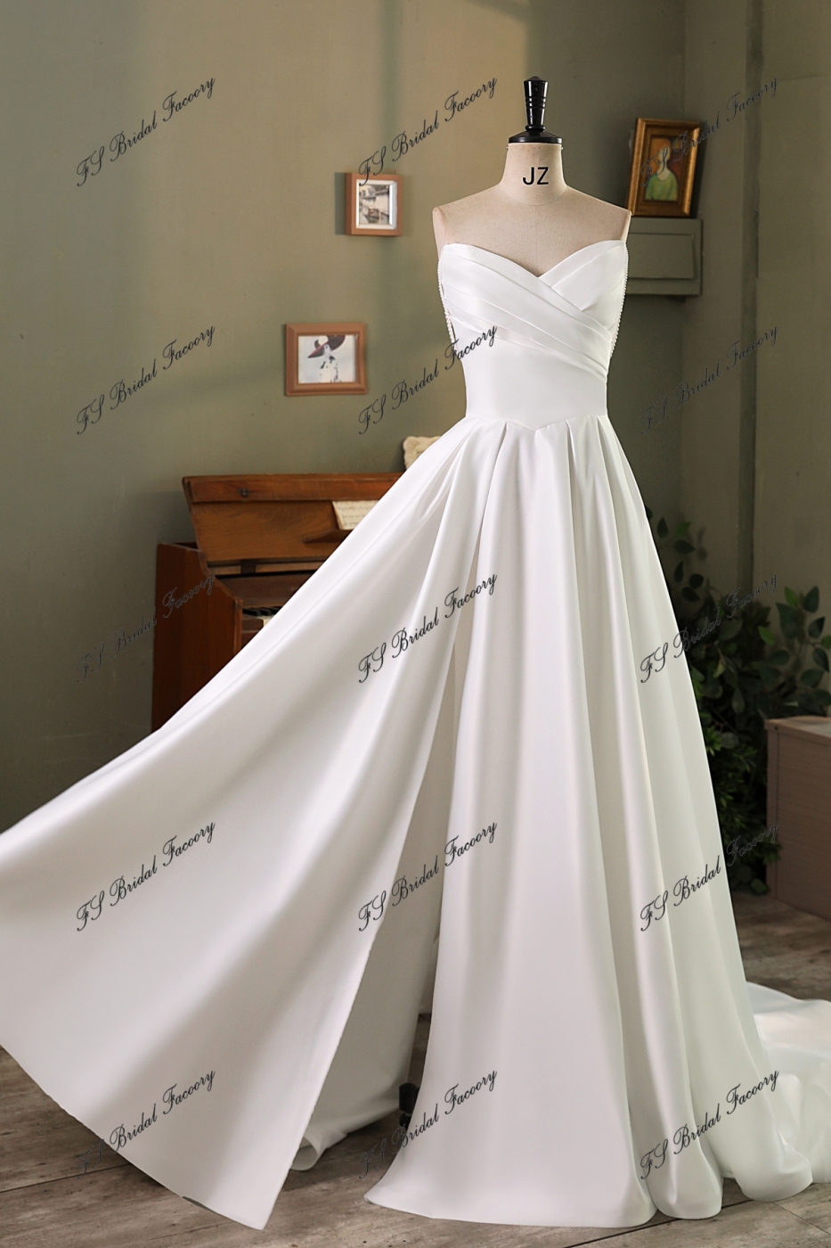 Pearl Straps Soft Satin A Line With Pleat Bodice