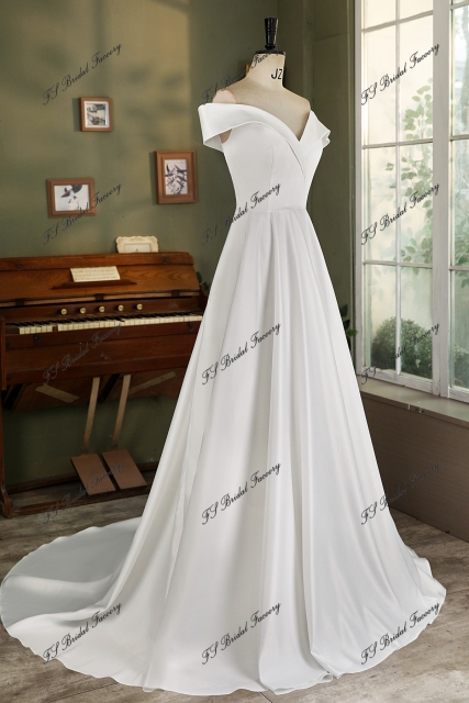 Off Shoulder Soft Satin A Line Wedding Gown