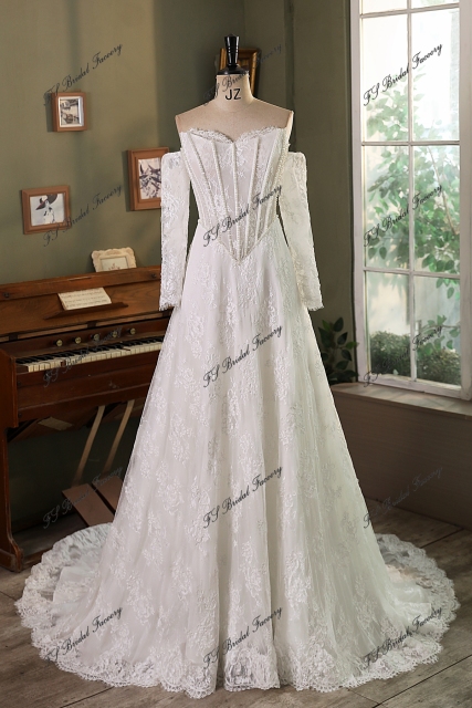 Allover Lace A-Line Gown with Sheer Corset Bodice and V Basque Waist