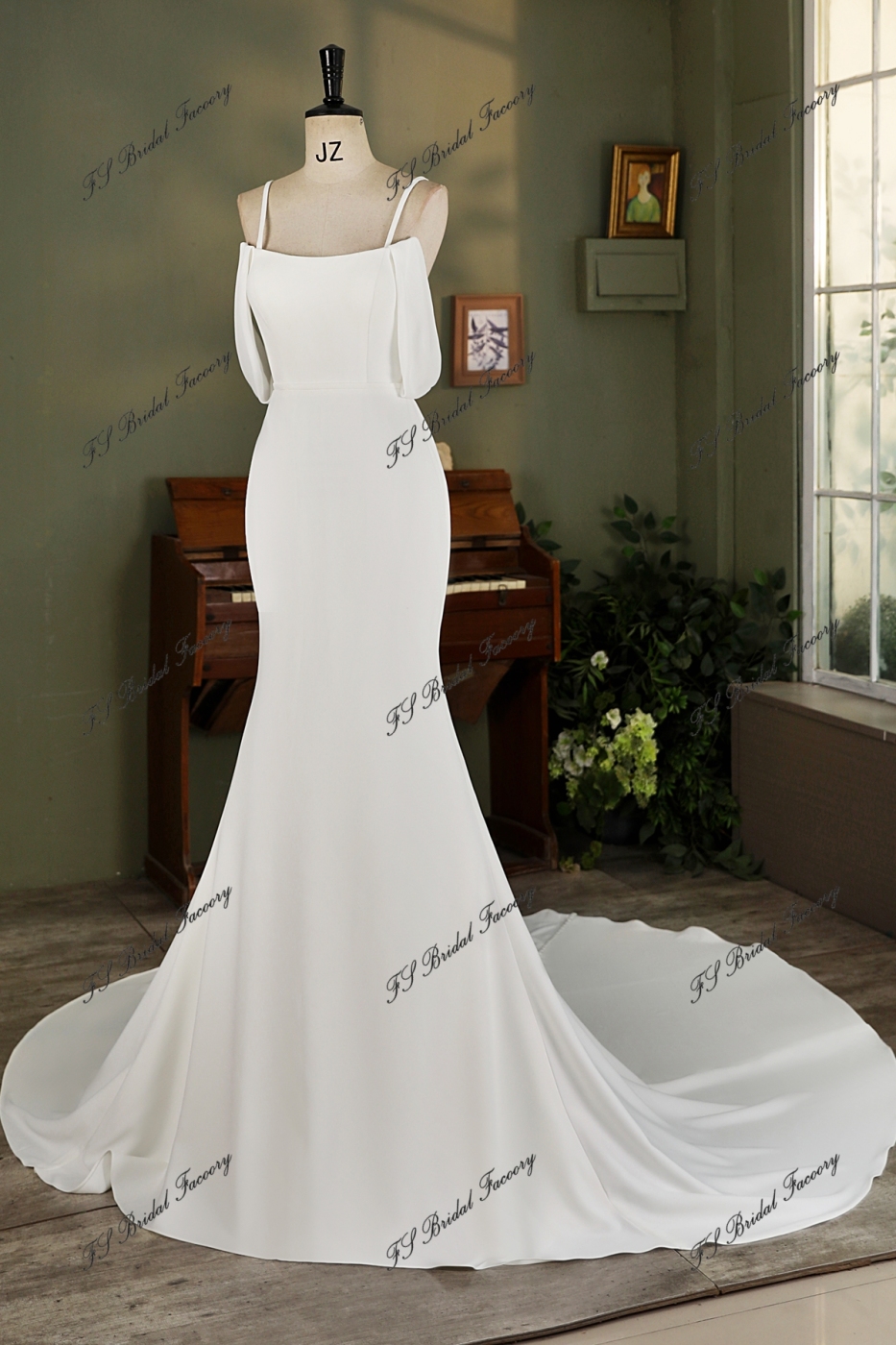 Off Shoulder Chiffon Sleeve Crepe Mermaid Bridal Dress