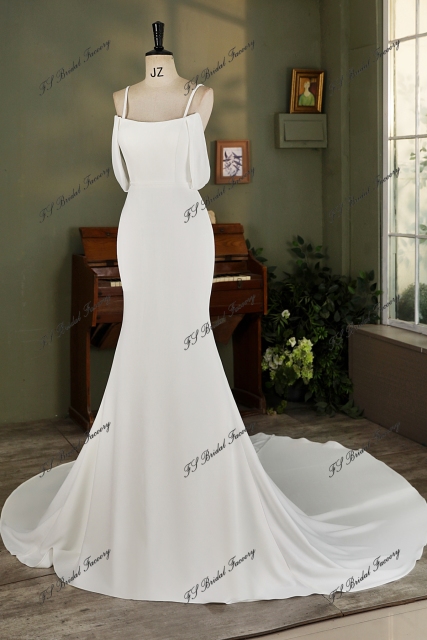 Off Shoulder Chiffon Sleeve Crepe Mermaid Bridal Dress