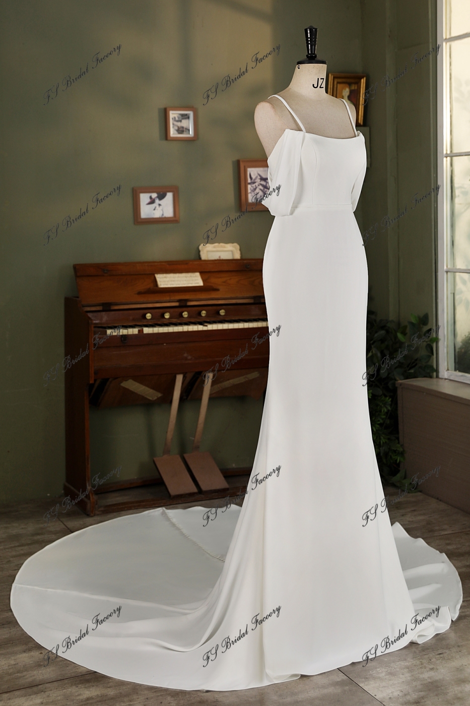 Off Shoulder Chiffon Sleeve Crepe Mermaid Bridal Dress
