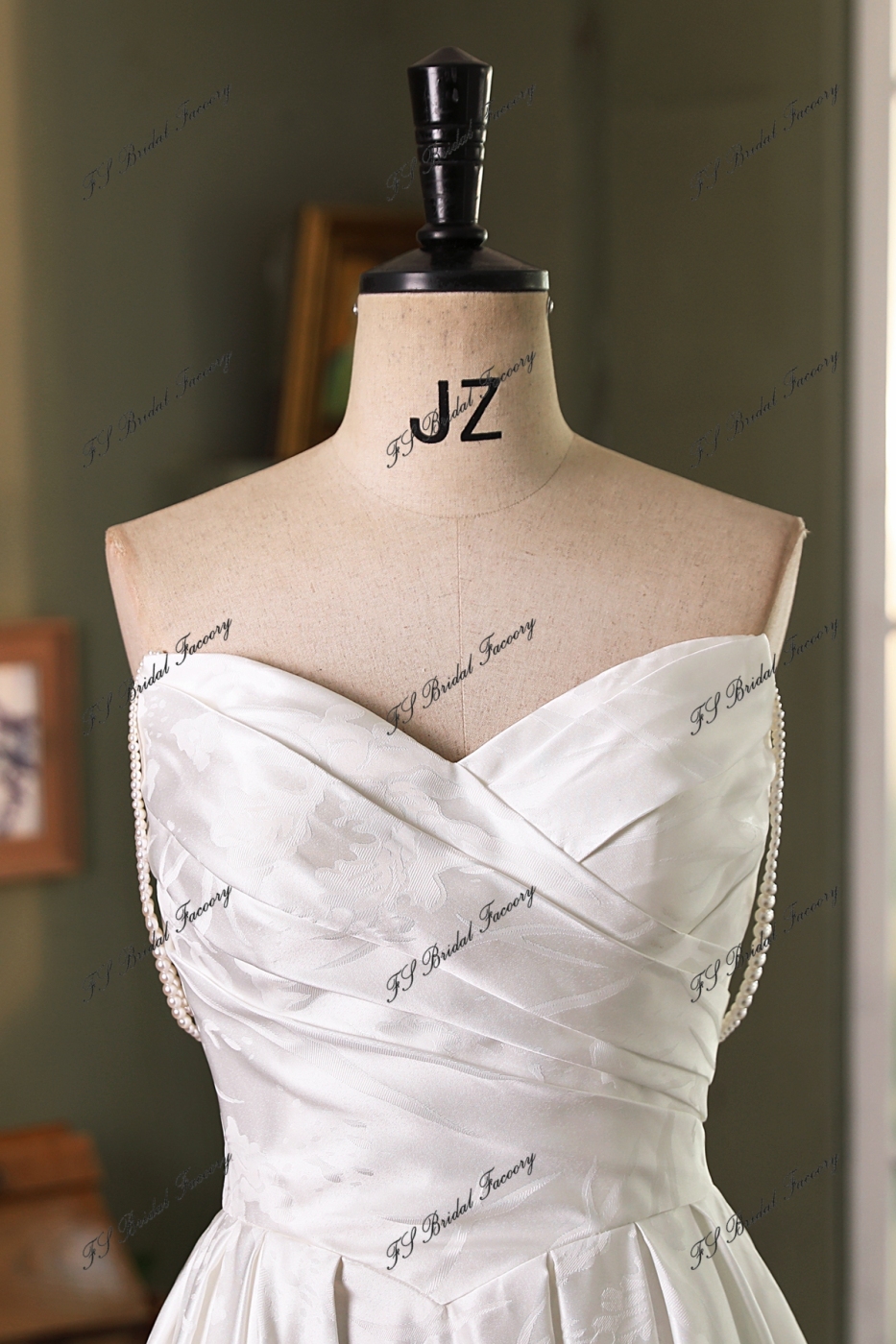 Pearl Straps Printed Satin Ball Gown With Pleat Bodice