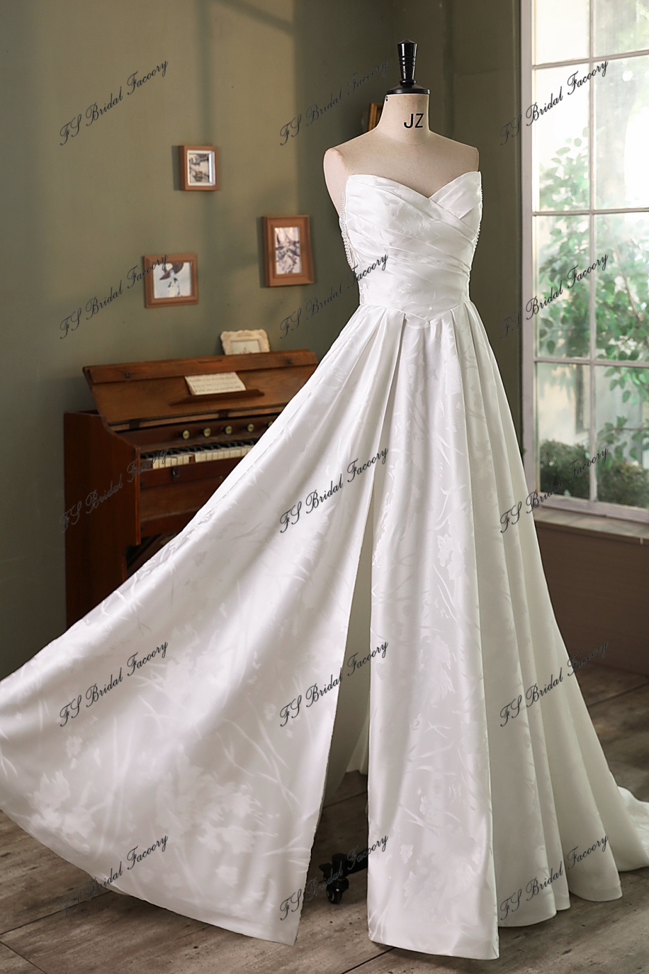 Pearl Straps Printed Satin Ball Gown With Pleat Bodice