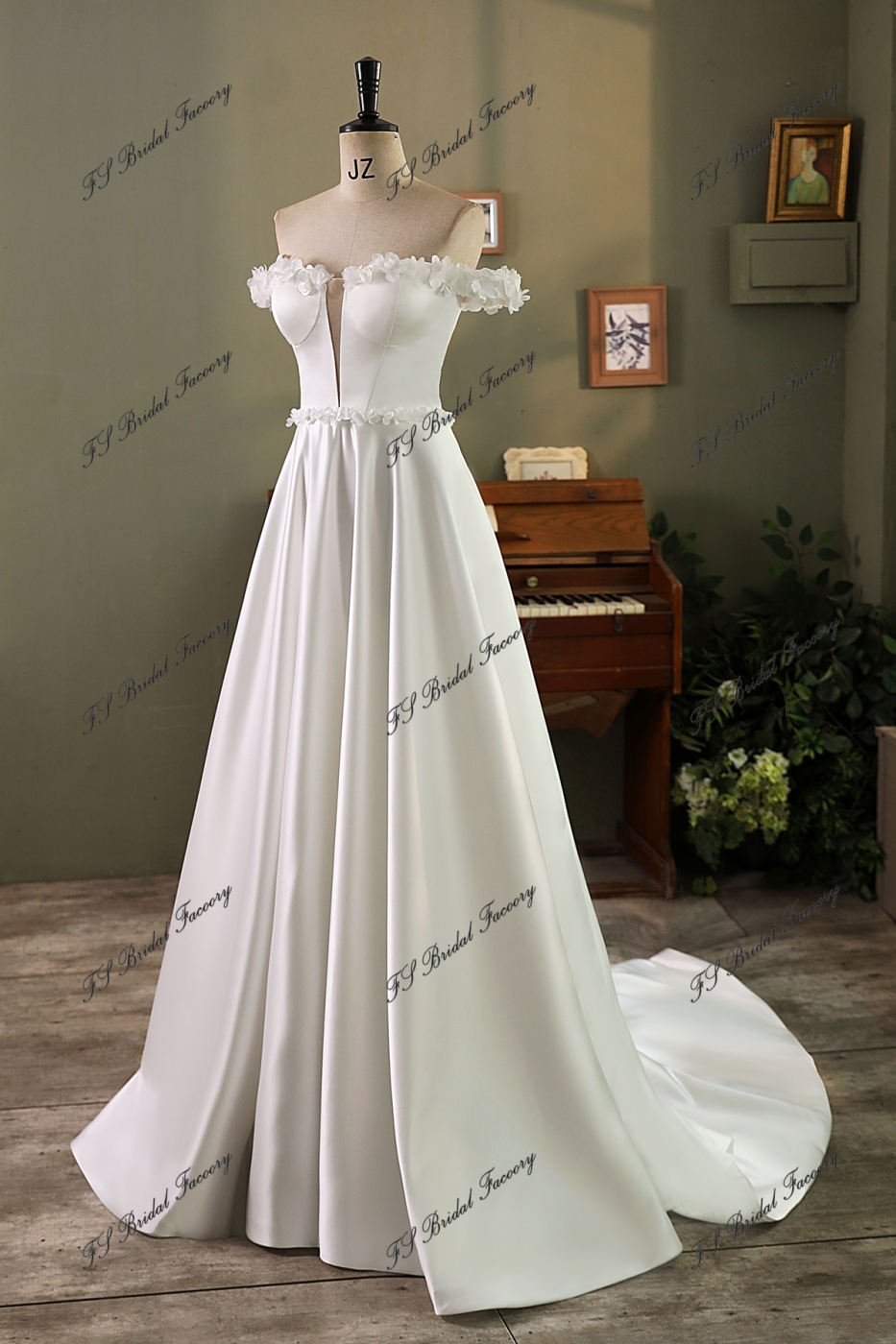 Off Shoulder Soft Satin A Line Wedding Gown With 3D Flowers