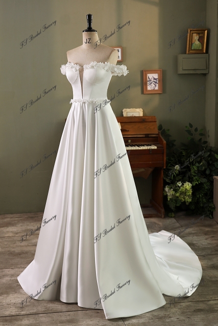 Off Shoulder Soft Satin A Line Wedding Gown With 3D Flowers