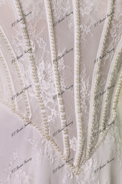 Allover Lace A-Line Gown with Sheer Corset Bodice and V Basque Waist