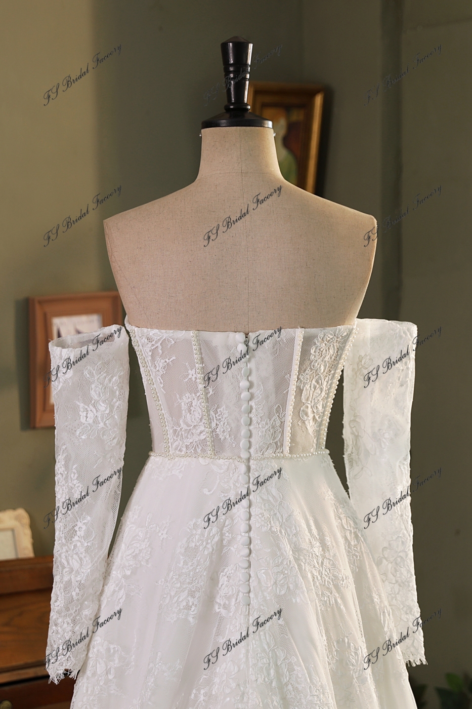 Allover Lace A-Line Gown with Sheer Corset Bodice and V Basque Waist