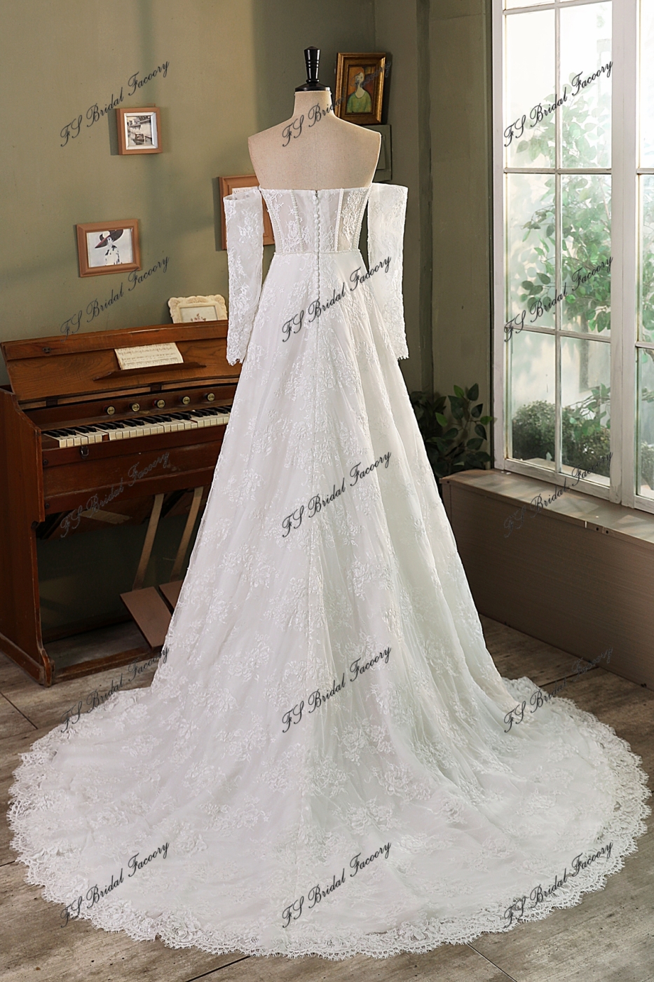 Allover Lace A-Line Gown with Sheer Corset Bodice and V Basque Waist