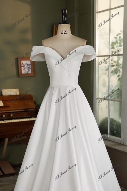 Off Shoulder Soft Satin A Line Wedding Gown