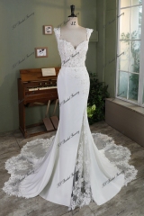Off Shoulder Fit And Flare 3D Lace Beaded Embroidered Crepe Wedding Dress
