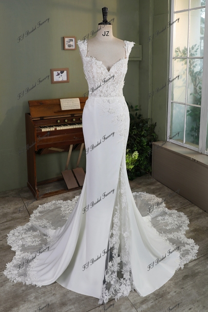 Off Shoulder Fit And Flare 3D Lace Beaded Embroidered Crepe Wedding Dress