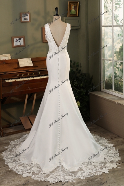 Lace Mermaid Mikado Mermaid Bridal Dress With Long Lace Train
