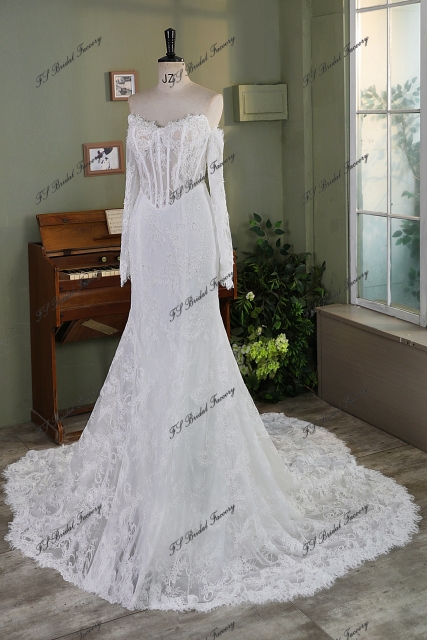 Allover Lace Mermaid Wedding Gown with Sheer Corset Bodice and V Basque Waist