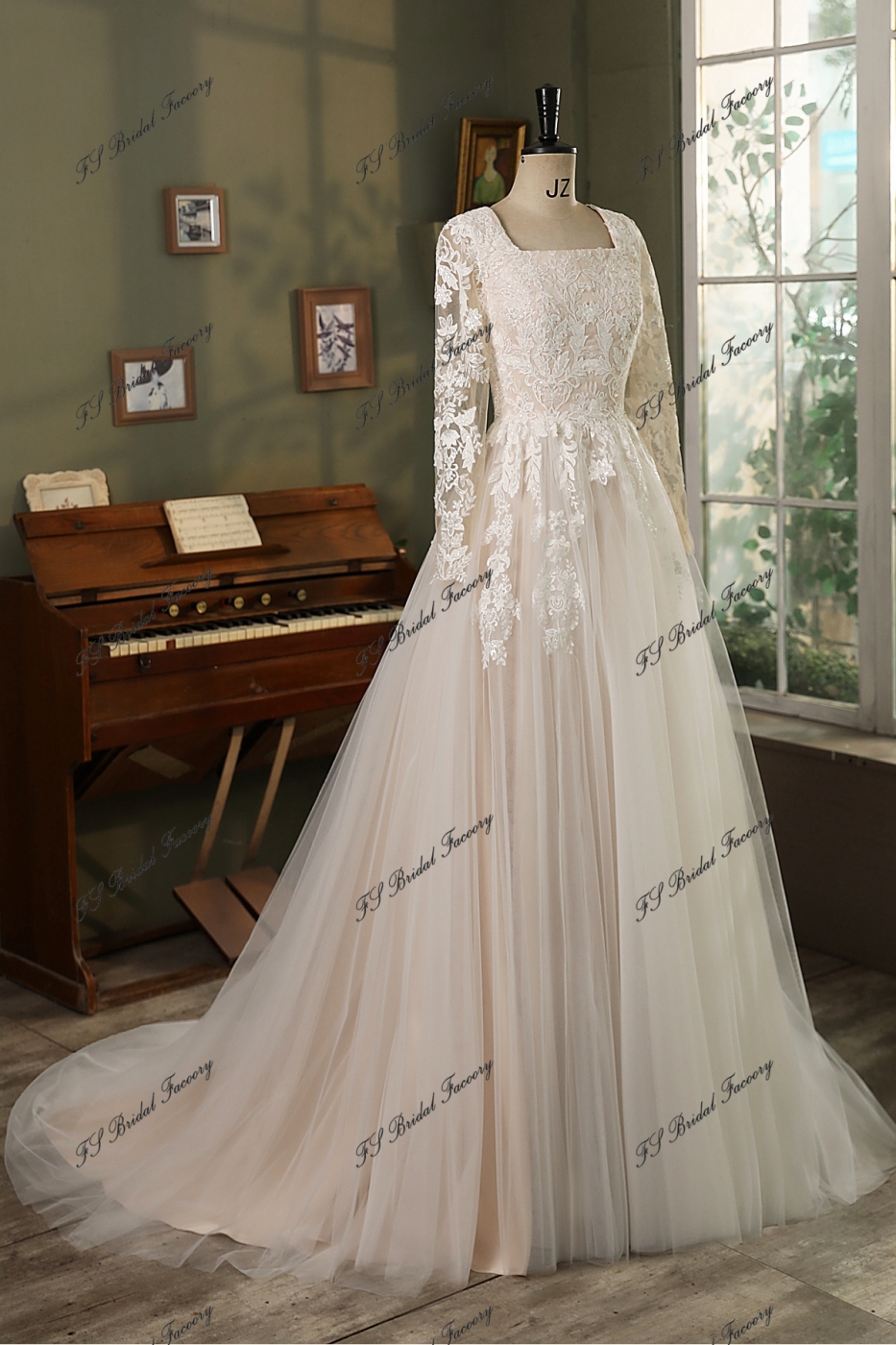 Modest Short Sleeve Allover Lace A-Line Gown