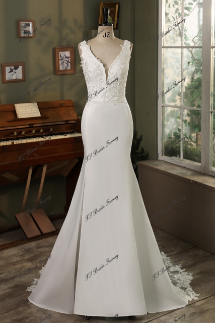 Lace Mermaid Mikado Mermaid Bridal Dress With Long Lace Train
