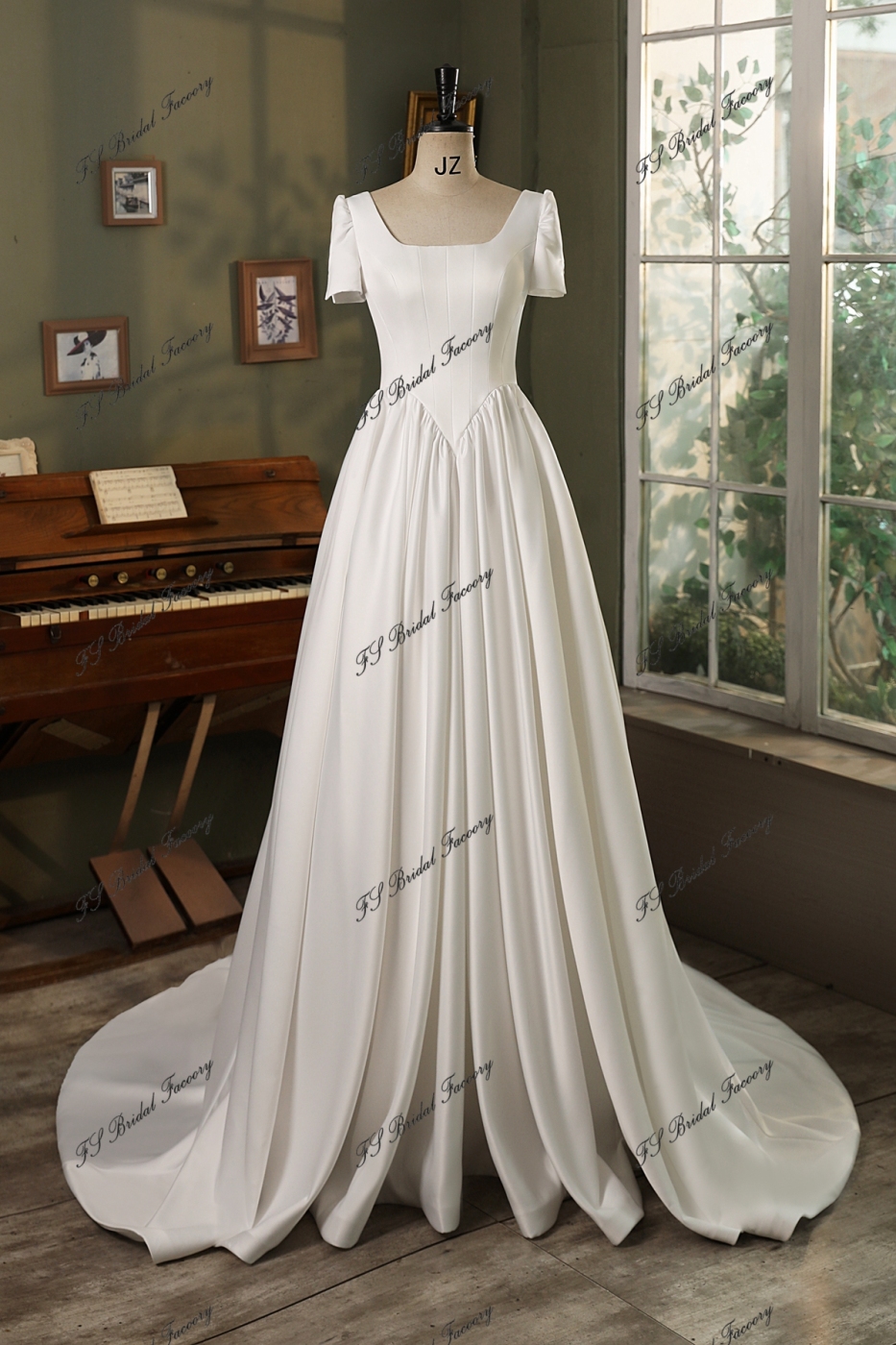 Modest Short Sleeve Soft Satin A Line Wedding Gown