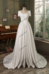 Modest Short Sleeve Soft Satin A Line Wedding Gown