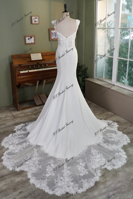 Off Shoulder Fit And Flare 3D Lace Beaded Embroidered Crepe Wedding Dress
