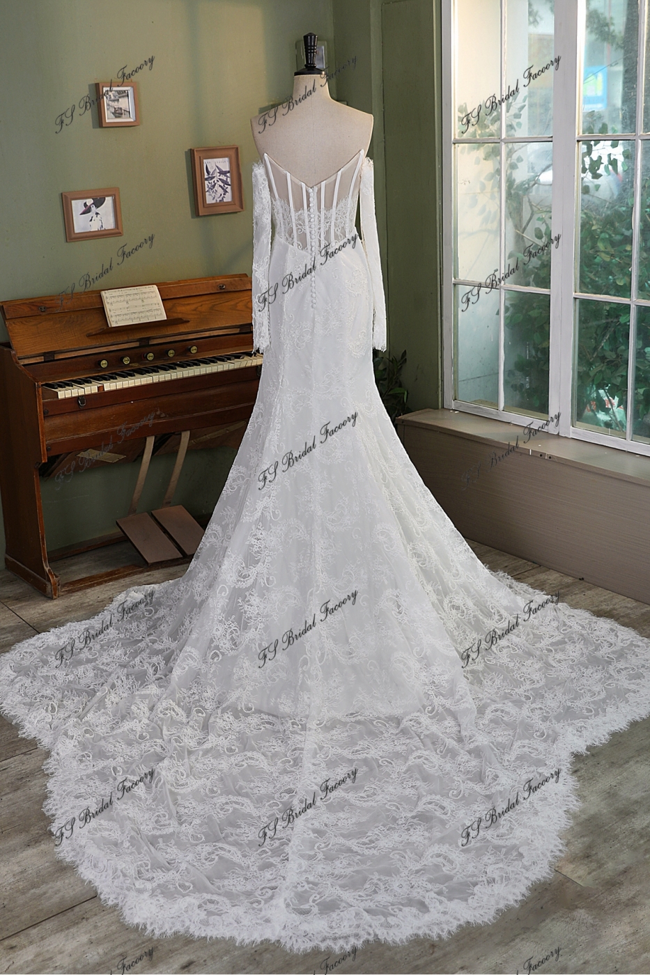 Allover Lace Mermaid Wedding Gown with Sheer Corset Bodice and V Basque Waist