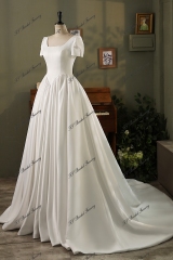 Modest Short Sleeve Soft Satin A Line Wedding Gown