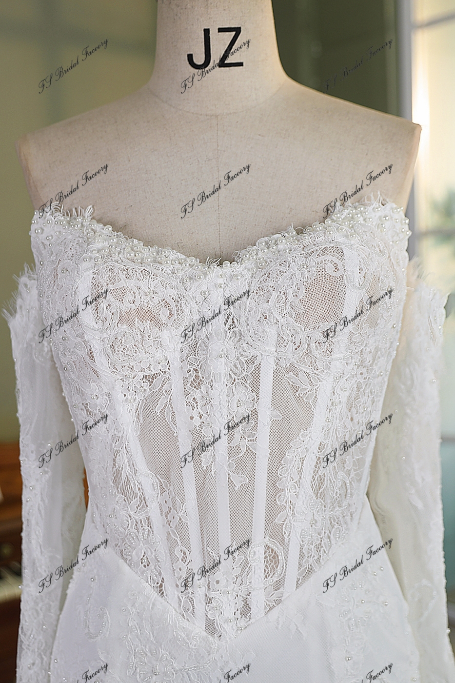 Allover Lace Mermaid Wedding Gown with Sheer Corset Bodice and V Basque Waist