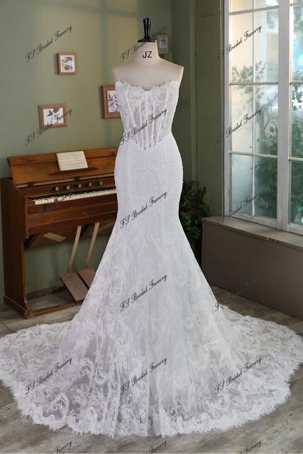 Allover Lace Mermaid Wedding Gown with Sheer Corset Bodice and V Basque Waist