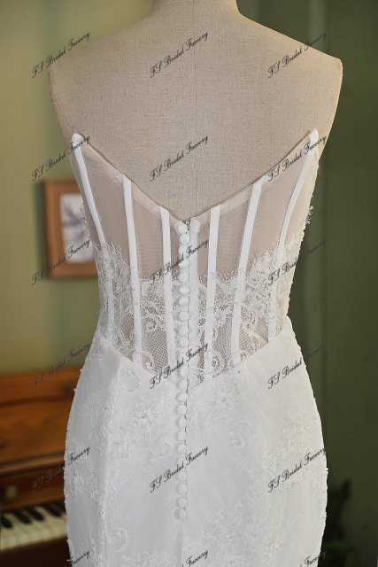 Allover Lace Mermaid Wedding Gown with Sheer Corset Bodice and V Basque Waist